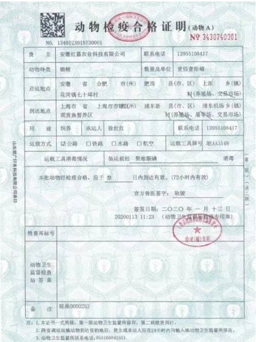 安徽省第一张水产苗种检疫证明在肥西县顺利开具 